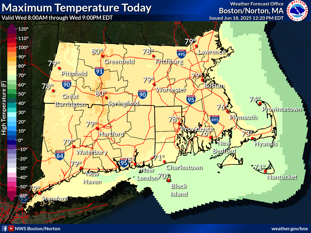Map displays the Southern New England Maximum Temperature Day 1.