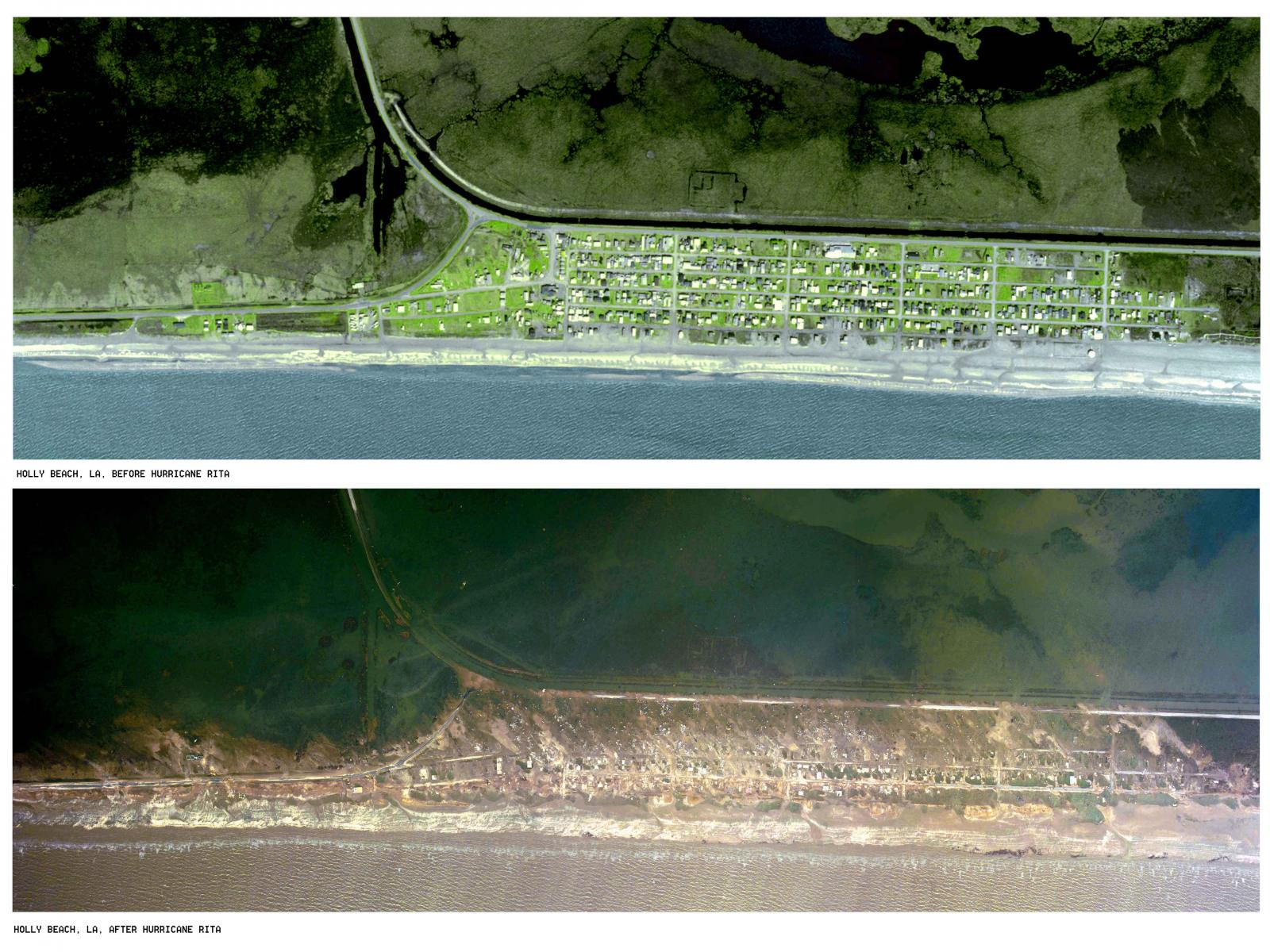 Holly Beach, LA aerial photo showing the town before and after Hurricane Rita. Not a single building was left standing. Photo from USGS.